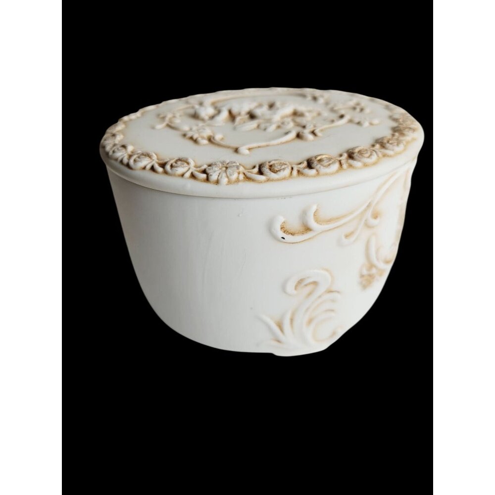 Vintage Lefton Trinket Box Bisque Cherub Design Round Nightstand Container With - Picture 4 of 9